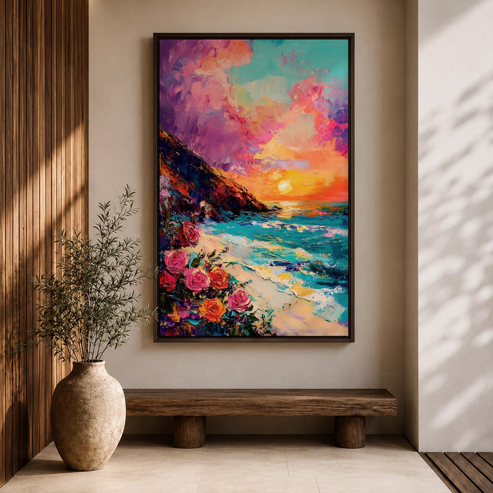 An impasto style framed canvas depicting a vibrant beach sunset with colorful sky, waves crashing on the shore, and blooming flowers in the foreground, capturing a coastal seascape landscape scene with textured brushstrokes and bold colors.