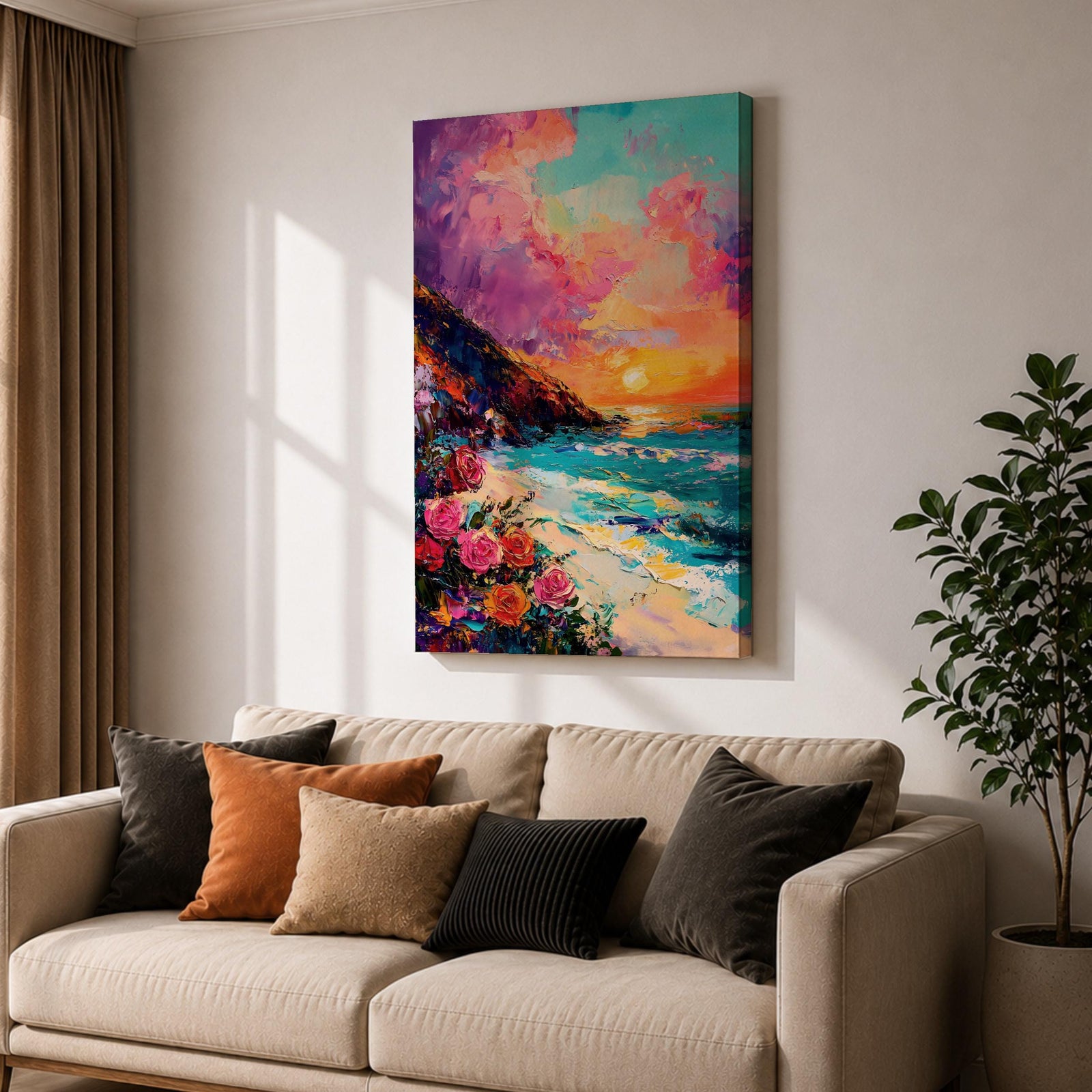 An impasto style framed canvas depicting a vibrant beach sunset with colorful sky, waves crashing on the shore, and blooming flowers in the foreground, capturing a coastal seascape landscape scene with textured brushstrokes and bold colors.