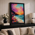 An impasto style framed canvas depicting a vibrant beach sunset with colorful sky, waves crashing on the shore, and blooming flowers in the foreground, capturing a coastal seascape landscape scene with textured brushstrokes and bold colors.