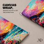An impasto style framed canvas depicting a vibrant beach sunset with colorful sky, waves crashing on the shore, and blooming flowers in the foreground, capturing a coastal seascape landscape scene with textured brushstrokes and bold colors.