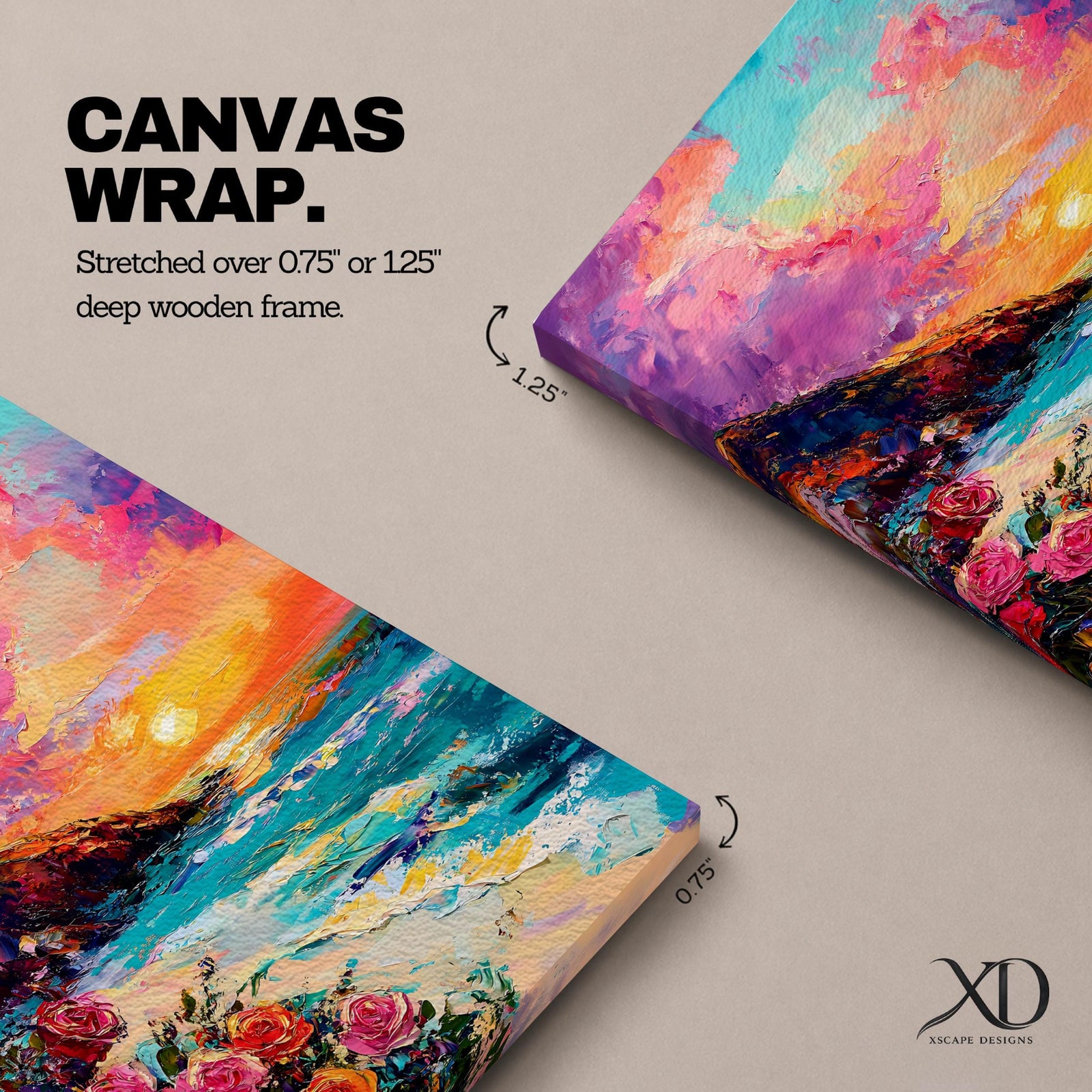 An impasto style framed canvas depicting a vibrant beach sunset with colorful sky, waves crashing on the shore, and blooming flowers in the foreground, capturing a coastal seascape landscape scene with textured brushstrokes and bold colors.