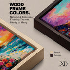 An impasto style framed canvas depicting a vibrant beach sunset with colorful sky, waves crashing on the shore, and blooming flowers in the foreground, capturing a coastal seascape landscape scene with textured brushstrokes and bold colors.
