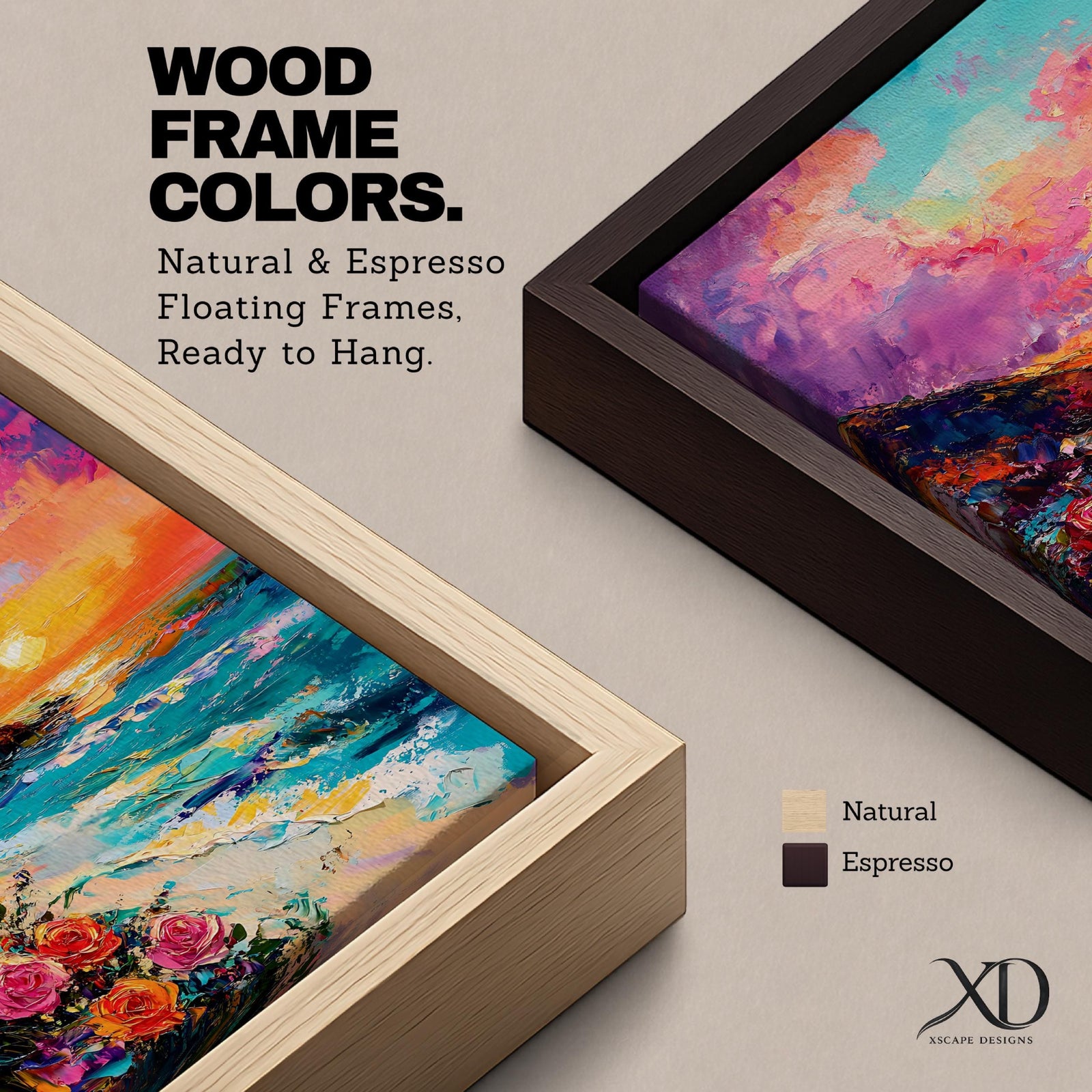 An impasto style framed canvas depicting a vibrant beach sunset with colorful sky, waves crashing on the shore, and blooming flowers in the foreground, capturing a coastal seascape landscape scene with textured brushstrokes and bold colors.
