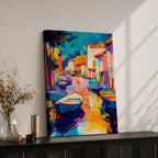 This vibrant abstract painting depicts a Venice canal scene with colorful boats and buildings lining the waterway. The composition uses bold brush strokes and vivid colors to create an expressive cityscape capturing the lively essence of Venice’s waterways.