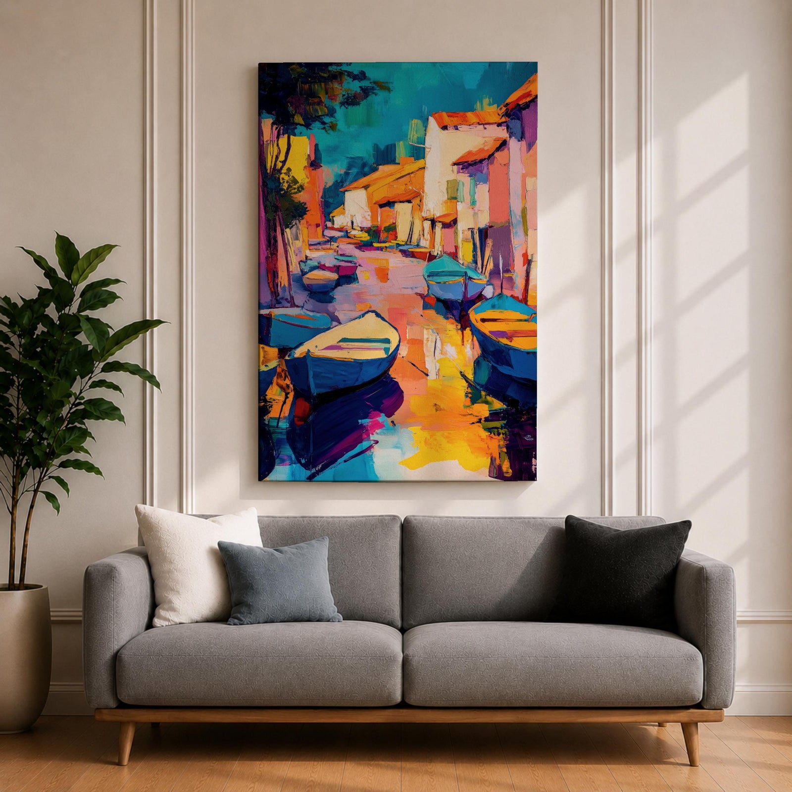 This vibrant abstract painting depicts a Venice canal scene with colorful boats and buildings lining the waterway. The composition uses bold brush strokes and vivid colors to create an expressive cityscape capturing the lively essence of Venice’s waterways.