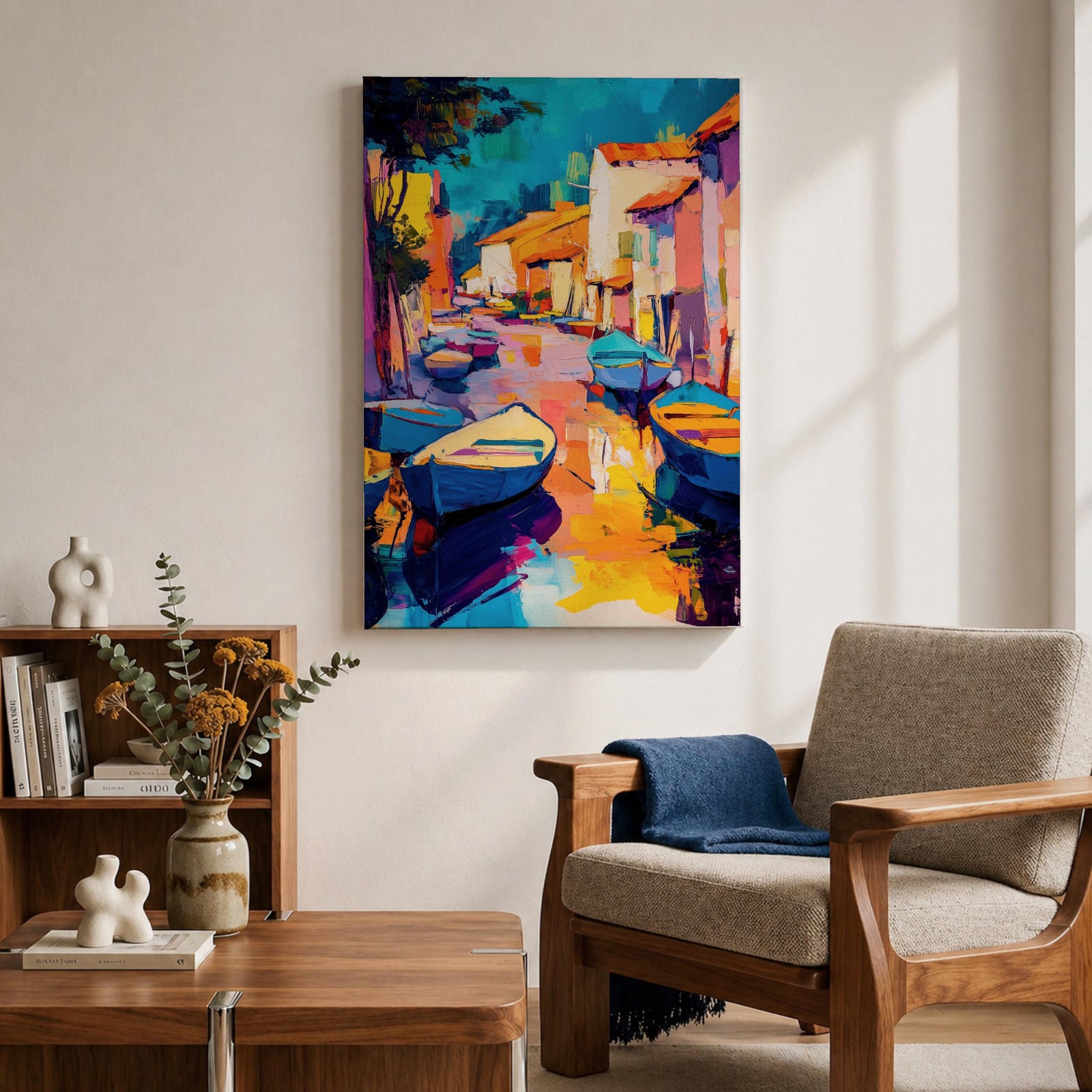This vibrant abstract painting depicts a Venice canal scene with colorful boats and buildings lining the waterway. The composition uses bold brush strokes and vivid colors to create an expressive cityscape capturing the lively essence of Venice’s waterways.