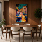 This vibrant abstract painting depicts a Venice canal scene with colorful boats and buildings lining the waterway. The composition uses bold brush strokes and vivid colors to create an expressive cityscape capturing the lively essence of Venice’s waterways.