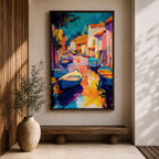 This vibrant abstract painting depicts a Venice canal scene with colorful boats and buildings lining the waterway. The composition uses bold brush strokes and vivid colors to create an expressive cityscape capturing the lively essence of Venice’s waterways.