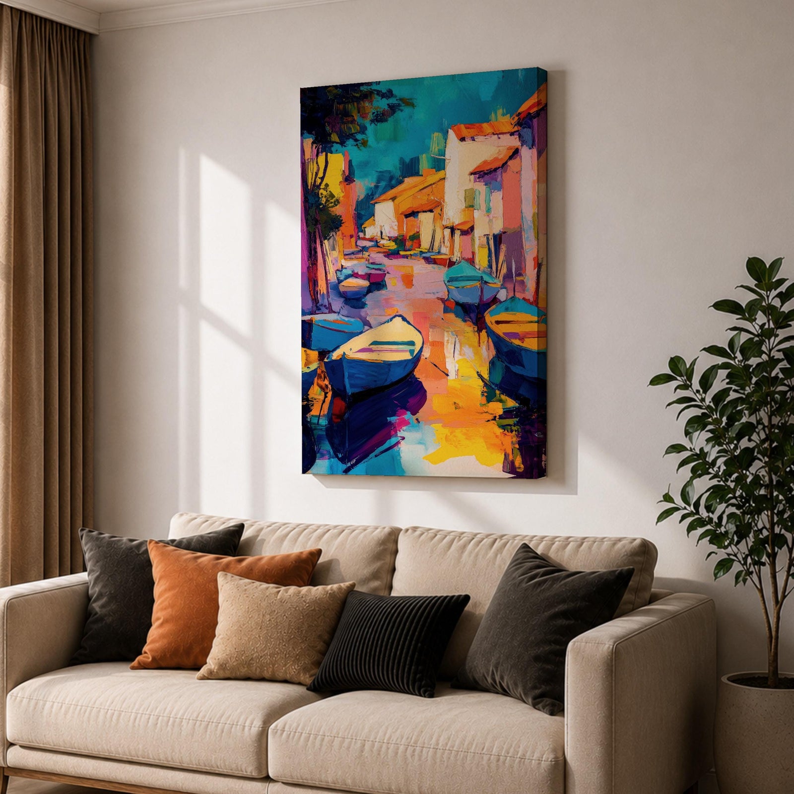 This vibrant abstract painting depicts a Venice canal scene with colorful boats and buildings lining the waterway. The composition uses bold brush strokes and vivid colors to create an expressive cityscape capturing the lively essence of Venice’s waterways.
