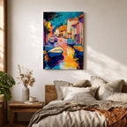 This vibrant abstract painting depicts a Venice canal scene with colorful boats and buildings lining the waterway. The composition uses bold brush strokes and vivid colors to create an expressive cityscape capturing the lively essence of Venice’s waterways.