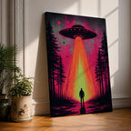 Make a bold statement with this UFO Wall Art, featuring a glowing flying saucer beaming light onto a lone figure in a mysterious forest. Neon pink and orange tones create a dramatic sci-fi canvas print perfect for gamer rooms, man caves, and modern entertainment spaces.