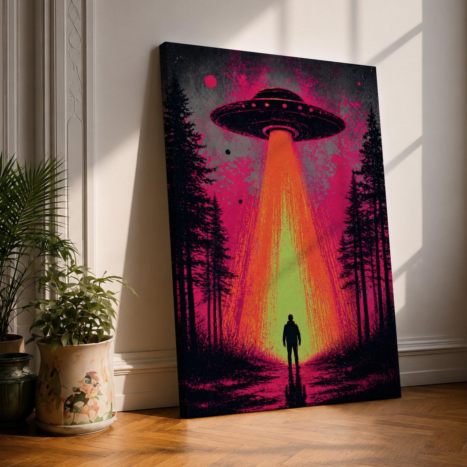 Make a bold statement with this UFO Wall Art, featuring a glowing flying saucer beaming light onto a lone figure in a mysterious forest. Neon pink and orange tones create a dramatic sci-fi canvas print perfect for gamer rooms, man caves, and modern entertainment spaces.