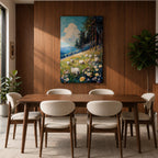 This impasto style framed canvas depicts a scenic landscape of sheep grazing in a meadow filled with wildflowers, bordered by tall trees and distant mountains under a bright blue sky with fluffy clouds, rendered with thick textured brushstrokes that emphasize the natural rustic setting.