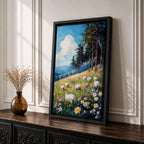 This impasto style framed canvas depicts a scenic landscape of sheep grazing in a meadow filled with wildflowers, bordered by tall trees and distant mountains under a bright blue sky with fluffy clouds, rendered with thick textured brushstrokes that emphasize the natural rustic setting.