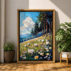 This impasto style framed canvas depicts a scenic landscape of sheep grazing in a meadow filled with wildflowers, bordered by tall trees and distant mountains under a bright blue sky with fluffy clouds, rendered with thick textured brushstrokes that emphasize the natural rustic setting.