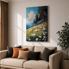 This impasto style framed canvas depicts a scenic landscape of sheep grazing in a meadow filled with wildflowers, bordered by tall trees and distant mountains under a bright blue sky with fluffy clouds, rendered with thick textured brushstrokes that emphasize the natural rustic setting.