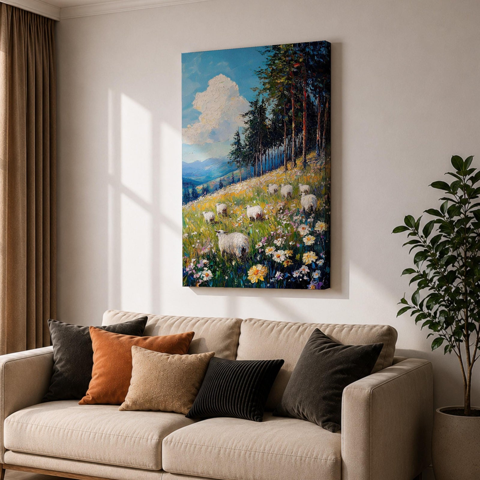 This impasto style framed canvas depicts a scenic landscape of sheep grazing in a meadow filled with wildflowers, bordered by tall trees and distant mountains under a bright blue sky with fluffy clouds, rendered with thick textured brushstrokes that emphasize the natural rustic setting.