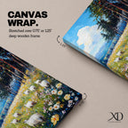 This impasto style framed canvas depicts a scenic landscape of sheep grazing in a meadow filled with wildflowers, bordered by tall trees and distant mountains under a bright blue sky with fluffy clouds, rendered with thick textured brushstrokes that emphasize the natural rustic setting.