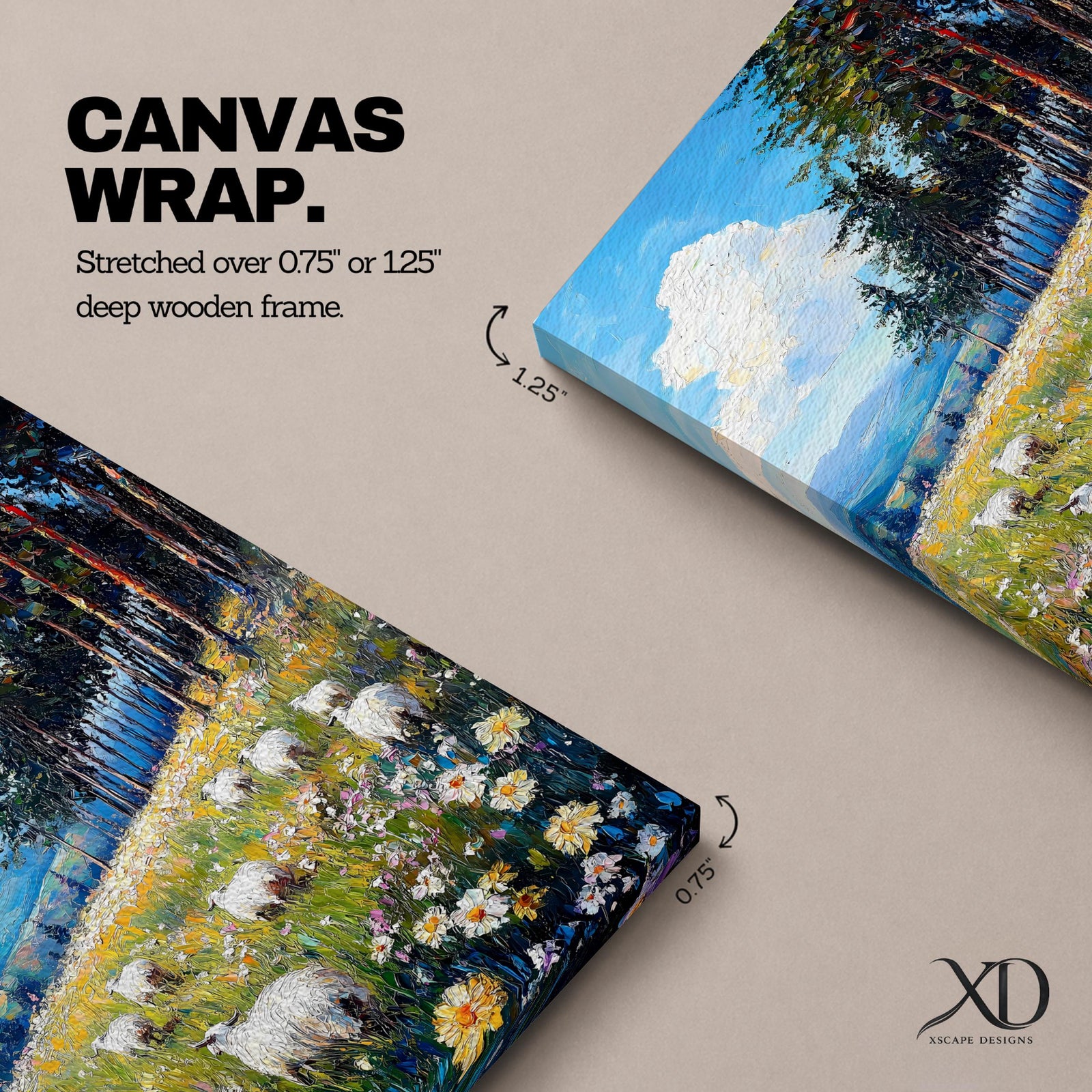 This impasto style framed canvas depicts a scenic landscape of sheep grazing in a meadow filled with wildflowers, bordered by tall trees and distant mountains under a bright blue sky with fluffy clouds, rendered with thick textured brushstrokes that emphasize the natural rustic setting.