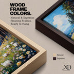 This impasto style framed canvas depicts a scenic landscape of sheep grazing in a meadow filled with wildflowers, bordered by tall trees and distant mountains under a bright blue sky with fluffy clouds, rendered with thick textured brushstrokes that emphasize the natural rustic setting.