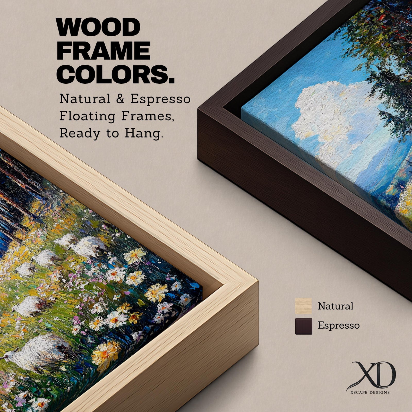 This impasto style framed canvas depicts a scenic landscape of sheep grazing in a meadow filled with wildflowers, bordered by tall trees and distant mountains under a bright blue sky with fluffy clouds, rendered with thick textured brushstrokes that emphasize the natural rustic setting.
