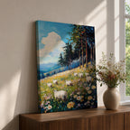 This impasto style framed canvas depicts a scenic landscape of sheep grazing in a meadow filled with wildflowers, bordered by tall trees and distant mountains under a bright blue sky with fluffy clouds, rendered with thick textured brushstrokes that emphasize the natural rustic setting.