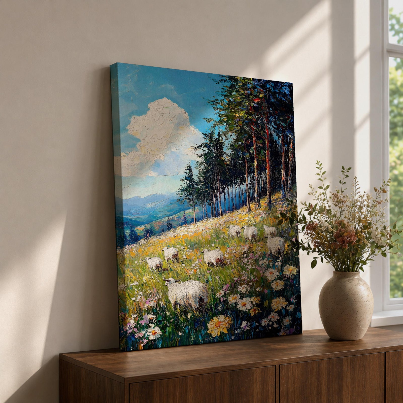 This impasto style framed canvas depicts a scenic landscape of sheep grazing in a meadow filled with wildflowers, bordered by tall trees and distant mountains under a bright blue sky with fluffy clouds, rendered with thick textured brushstrokes that emphasize the natural rustic setting.