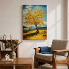 An impasto style painting of a golden tree with vibrant yellow leaves standing alone in a rustic landscape with rolling hills and distant mountains under a partly cloudy blue sky. The textured brushstrokes create a rich, tactile effect emphasizing the natural beauty of the tree and countryside.