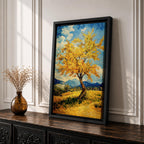 An impasto style painting of a golden tree with vibrant yellow leaves standing alone in a rustic landscape with rolling hills and distant mountains under a partly cloudy blue sky. The textured brushstrokes create a rich, tactile effect emphasizing the natural beauty of the tree and countryside.