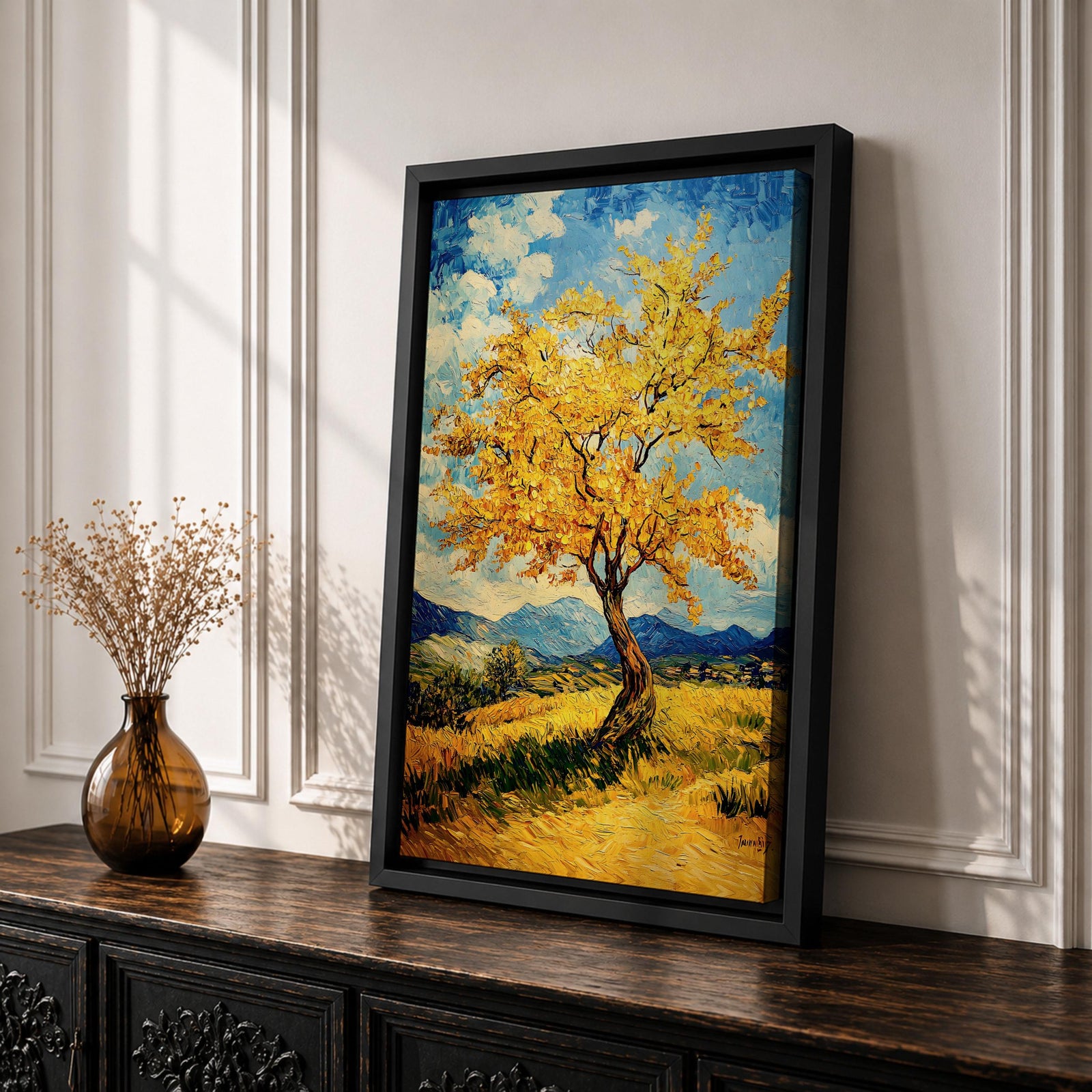 An impasto style painting of a golden tree with vibrant yellow leaves standing alone in a rustic landscape with rolling hills and distant mountains under a partly cloudy blue sky. The textured brushstrokes create a rich, tactile effect emphasizing the natural beauty of the tree and countryside.