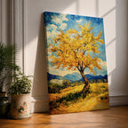 An impasto style painting of a golden tree with vibrant yellow leaves standing alone in a rustic landscape with rolling hills and distant mountains under a partly cloudy blue sky. The textured brushstrokes create a rich, tactile effect emphasizing the natural beauty of the tree and countryside.