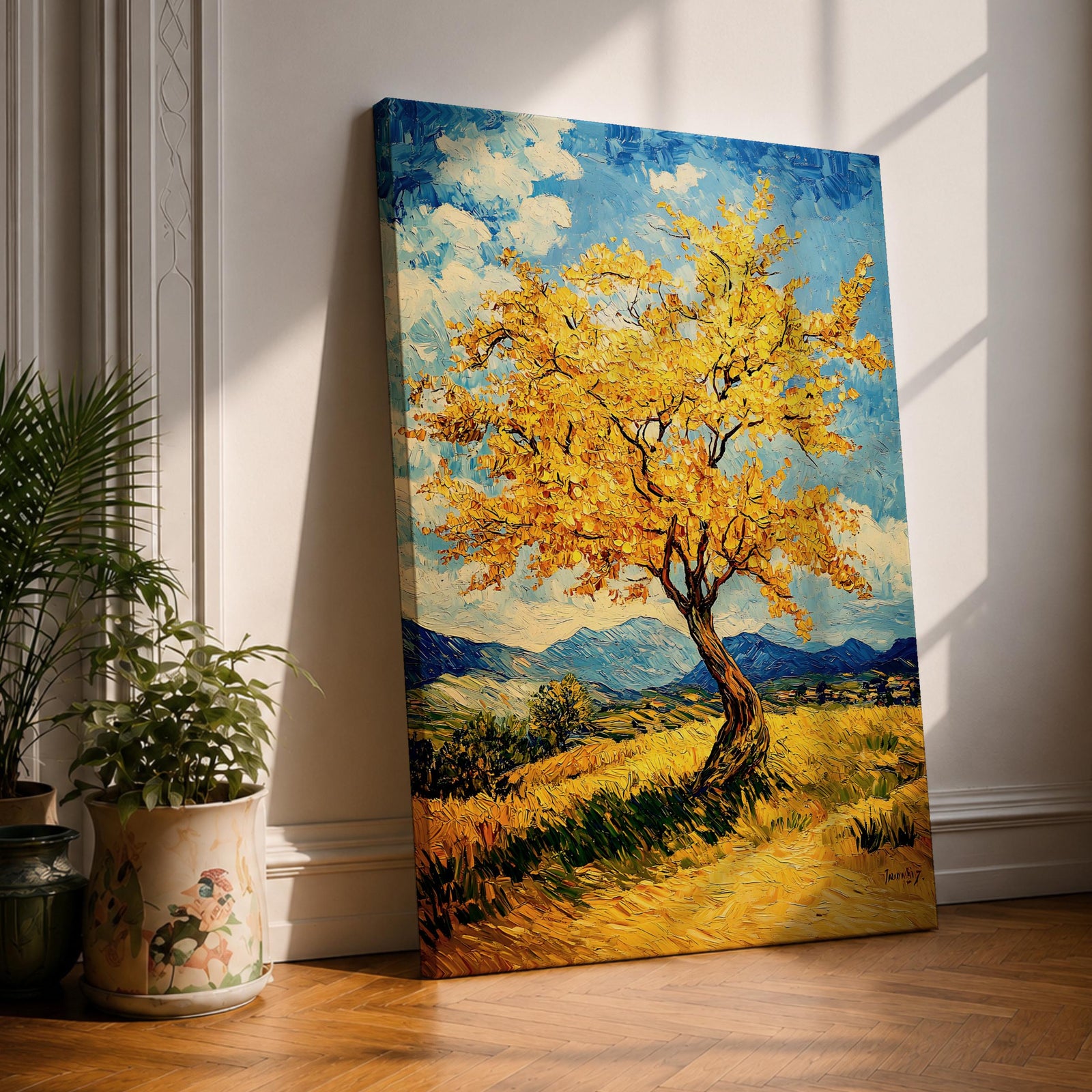 An impasto style painting of a golden tree with vibrant yellow leaves standing alone in a rustic landscape with rolling hills and distant mountains under a partly cloudy blue sky. The textured brushstrokes create a rich, tactile effect emphasizing the natural beauty of the tree and countryside.