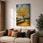 An impasto style painting of a golden tree with vibrant yellow leaves standing alone in a rustic landscape with rolling hills and distant mountains under a partly cloudy blue sky. The textured brushstrokes create a rich, tactile effect emphasizing the natural beauty of the tree and countryside.