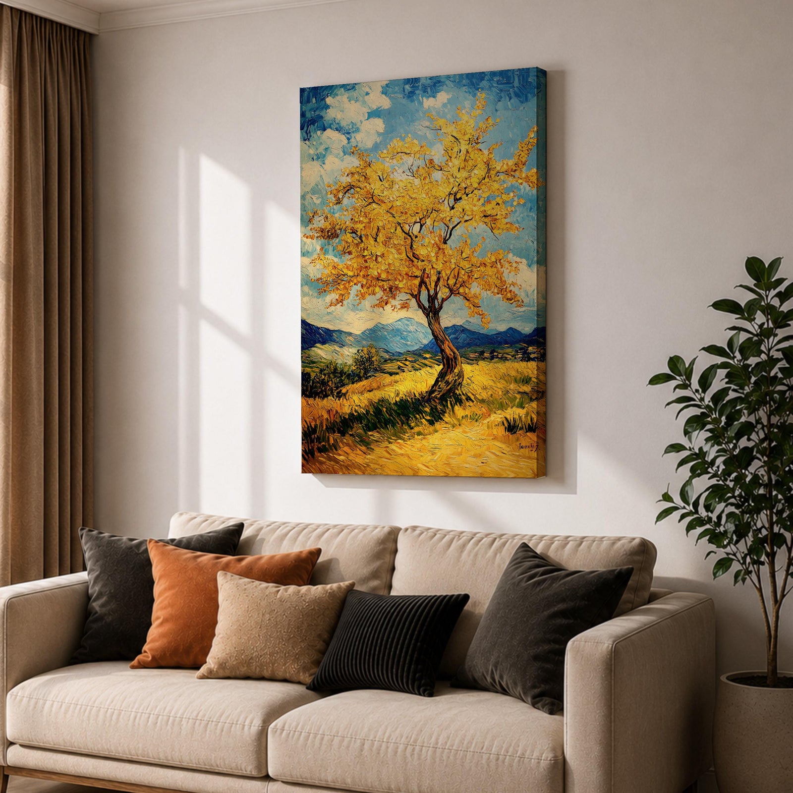 An impasto style painting of a golden tree with vibrant yellow leaves standing alone in a rustic landscape with rolling hills and distant mountains under a partly cloudy blue sky. The textured brushstrokes create a rich, tactile effect emphasizing the natural beauty of the tree and countryside.