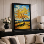 An impasto style painting of a golden tree with vibrant yellow leaves standing alone in a rustic landscape with rolling hills and distant mountains under a partly cloudy blue sky. The textured brushstrokes create a rich, tactile effect emphasizing the natural beauty of the tree and countryside.