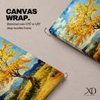 An impasto style painting of a golden tree with vibrant yellow leaves standing alone in a rustic landscape with rolling hills and distant mountains under a partly cloudy blue sky. The textured brushstrokes create a rich, tactile effect emphasizing the natural beauty of the tree and countryside.
