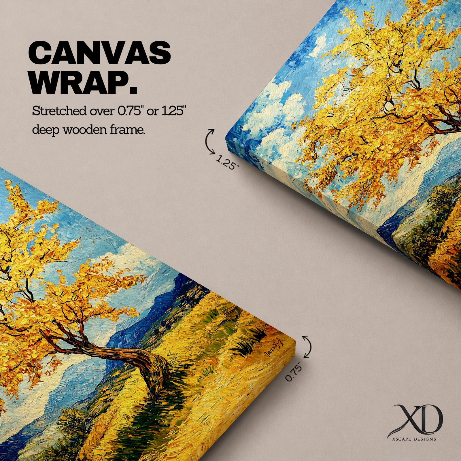 An impasto style painting of a golden tree with vibrant yellow leaves standing alone in a rustic landscape with rolling hills and distant mountains under a partly cloudy blue sky. The textured brushstrokes create a rich, tactile effect emphasizing the natural beauty of the tree and countryside.