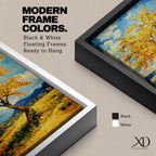 An impasto style painting of a golden tree with vibrant yellow leaves standing alone in a rustic landscape with rolling hills and distant mountains under a partly cloudy blue sky. The textured brushstrokes create a rich, tactile effect emphasizing the natural beauty of the tree and countryside.