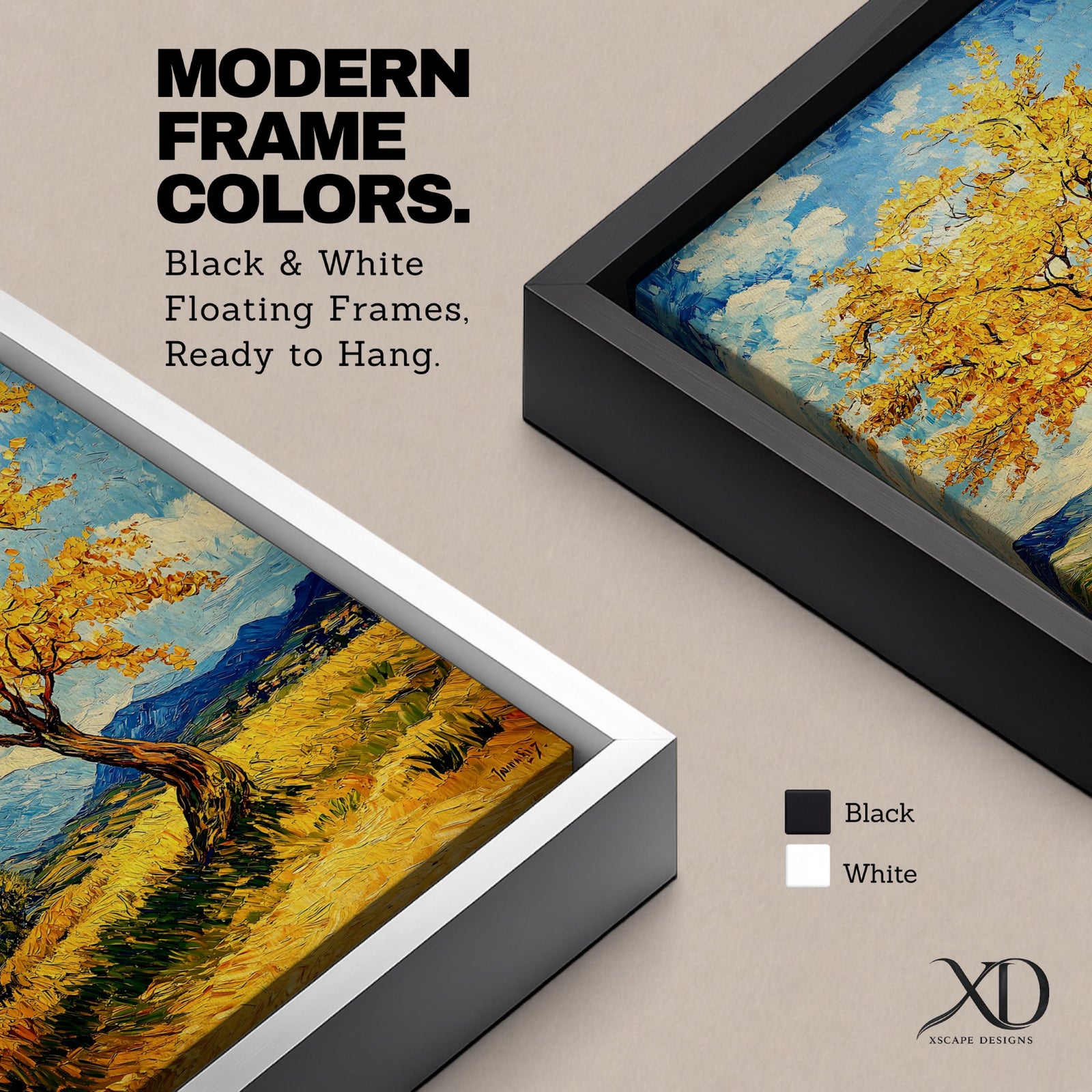 An impasto style painting of a golden tree with vibrant yellow leaves standing alone in a rustic landscape with rolling hills and distant mountains under a partly cloudy blue sky. The textured brushstrokes create a rich, tactile effect emphasizing the natural beauty of the tree and countryside.