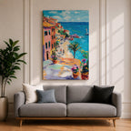 An impasto style painting depicting a vibrant Mediterranean coastal village with colorful buildings along a seaside cliff, a sandy beach with figures walking, a palm tree, and a sailboat on the blue sea under a partly cloudy sky.