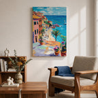 An impasto style painting depicting a vibrant Mediterranean coastal village with colorful buildings along a seaside cliff, a sandy beach with figures walking, a palm tree, and a sailboat on the blue sea under a partly cloudy sky.