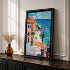 An impasto style painting depicting a vibrant Mediterranean coastal village with colorful buildings along a seaside cliff, a sandy beach with figures walking, a palm tree, and a sailboat on the blue sea under a partly cloudy sky.
