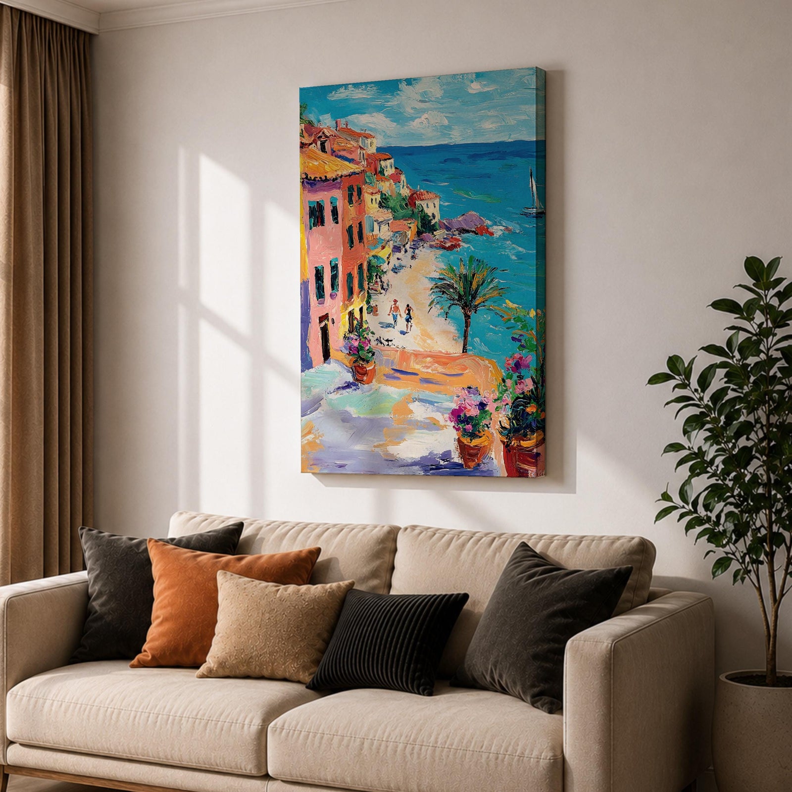 An impasto style painting depicting a vibrant Mediterranean coastal village with colorful buildings along a seaside cliff, a sandy beach with figures walking, a palm tree, and a sailboat on the blue sea under a partly cloudy sky.