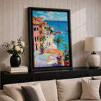 An impasto style painting depicting a vibrant Mediterranean coastal village with colorful buildings along a seaside cliff, a sandy beach with figures walking, a palm tree, and a sailboat on the blue sea under a partly cloudy sky.