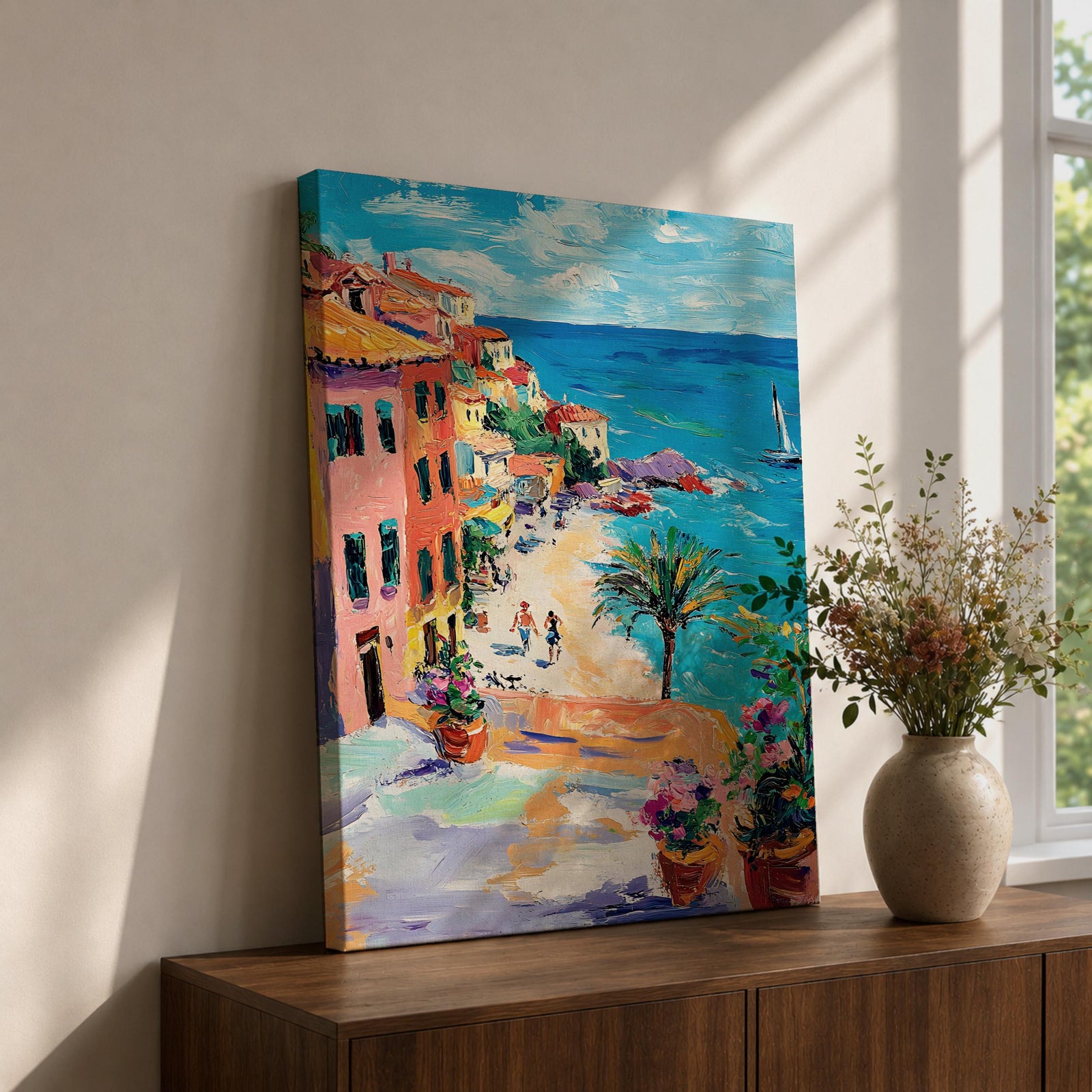 An impasto style painting depicting a vibrant Mediterranean coastal village with colorful buildings along a seaside cliff, a sandy beach with figures walking, a palm tree, and a sailboat on the blue sea under a partly cloudy sky.