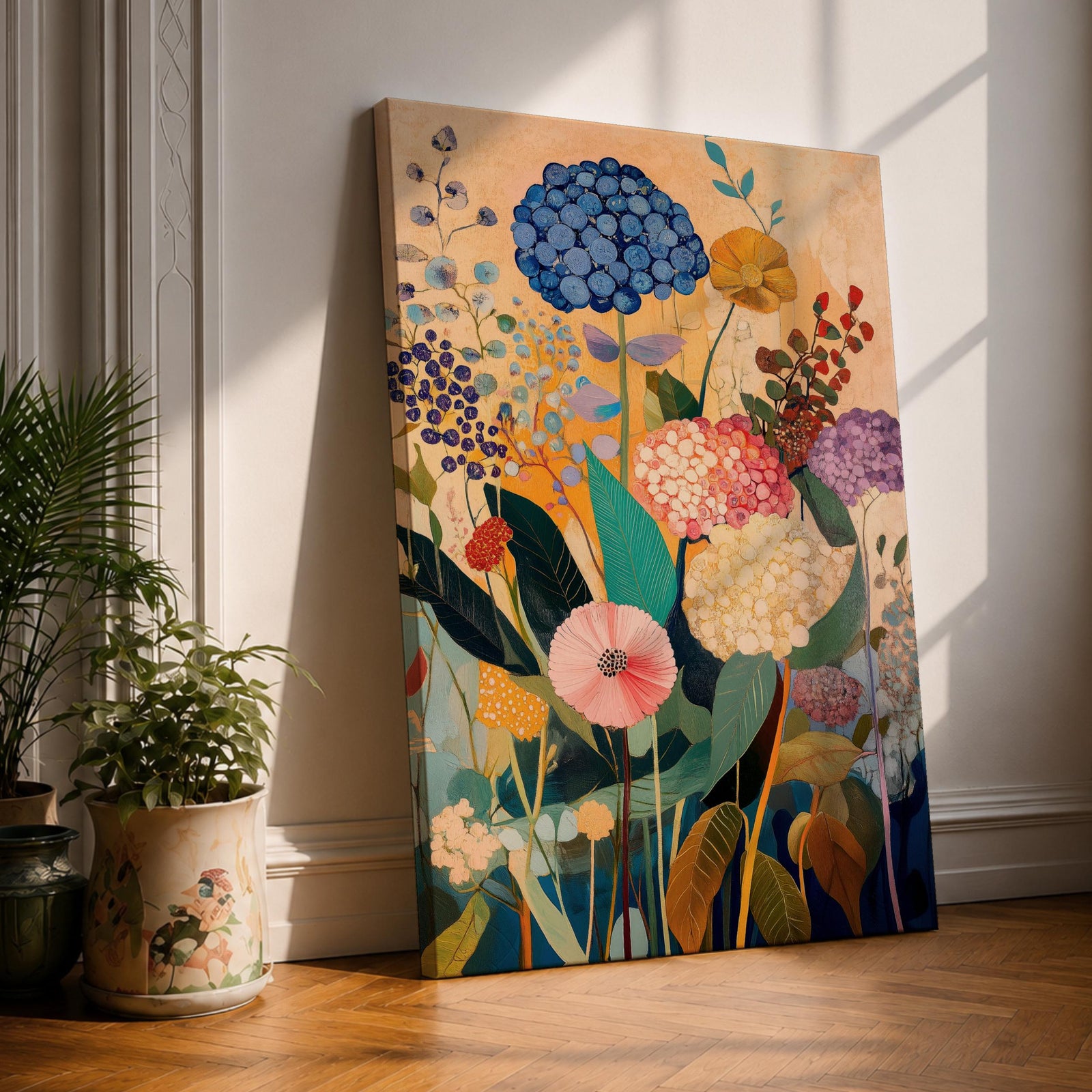 A vibrant floral bouquet painting featuring a variety of flowers including hydrangeas and leaves in a naturalistic style with detailed petals and stems, arranged in a colorful composition on a neutral background, capturing the essence of a botanical garden.