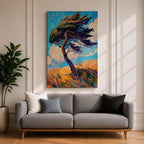 A vibrant impasto style painting of a solitary windy tree bending dramatically against a bright blue sky with swirling clouds and a textured golden landscape beneath, capturing dynamic movement and natural energy with thick, expressive brushstrokes.