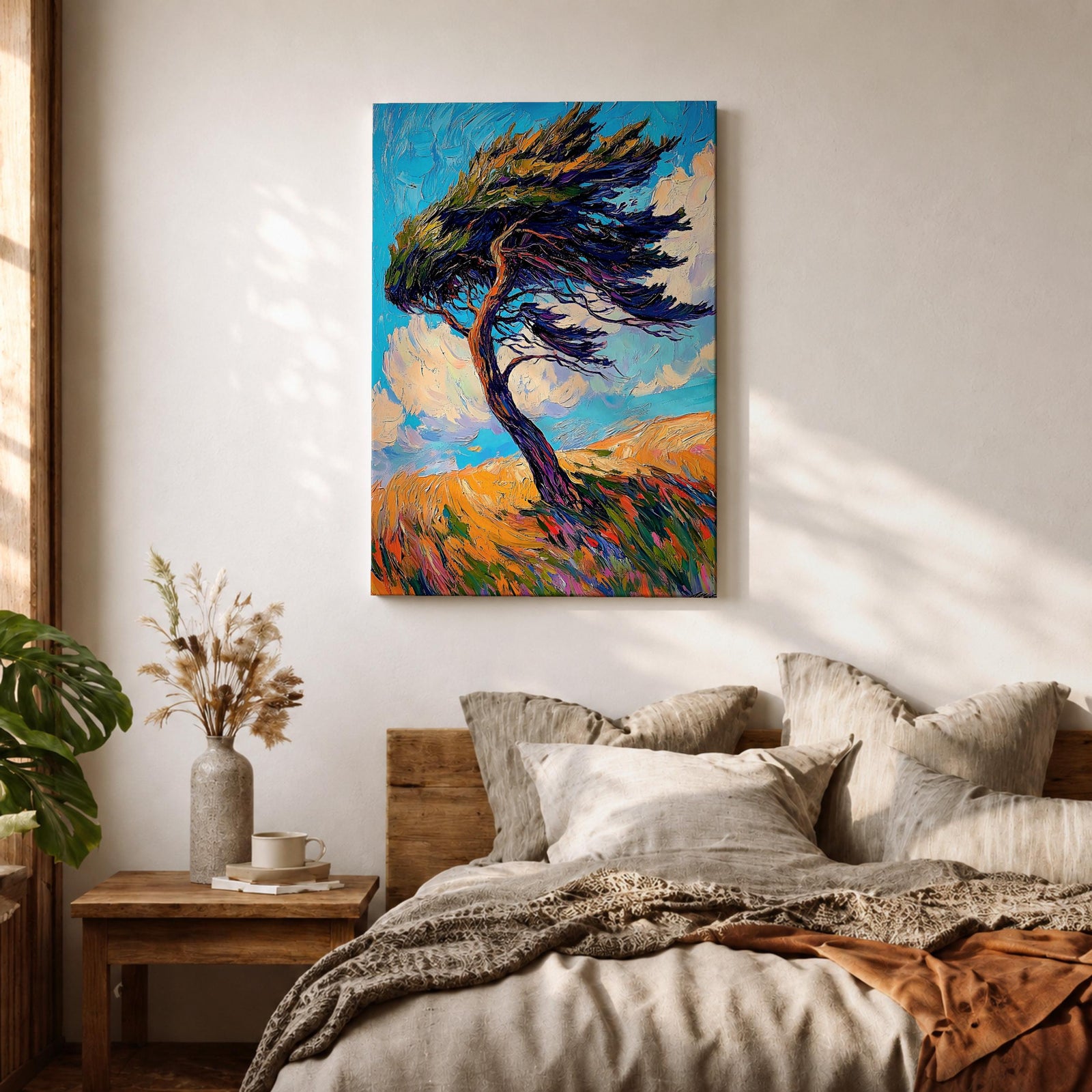 A vibrant impasto style painting of a solitary windy tree bending dramatically against a bright blue sky with swirling clouds and a textured golden landscape beneath, capturing dynamic movement and natural energy with thick, expressive brushstrokes.