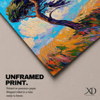 A vibrant impasto style painting of a solitary windy tree bending dramatically against a bright blue sky with swirling clouds and a textured golden landscape beneath, capturing dynamic movement and natural energy with thick, expressive brushstrokes.