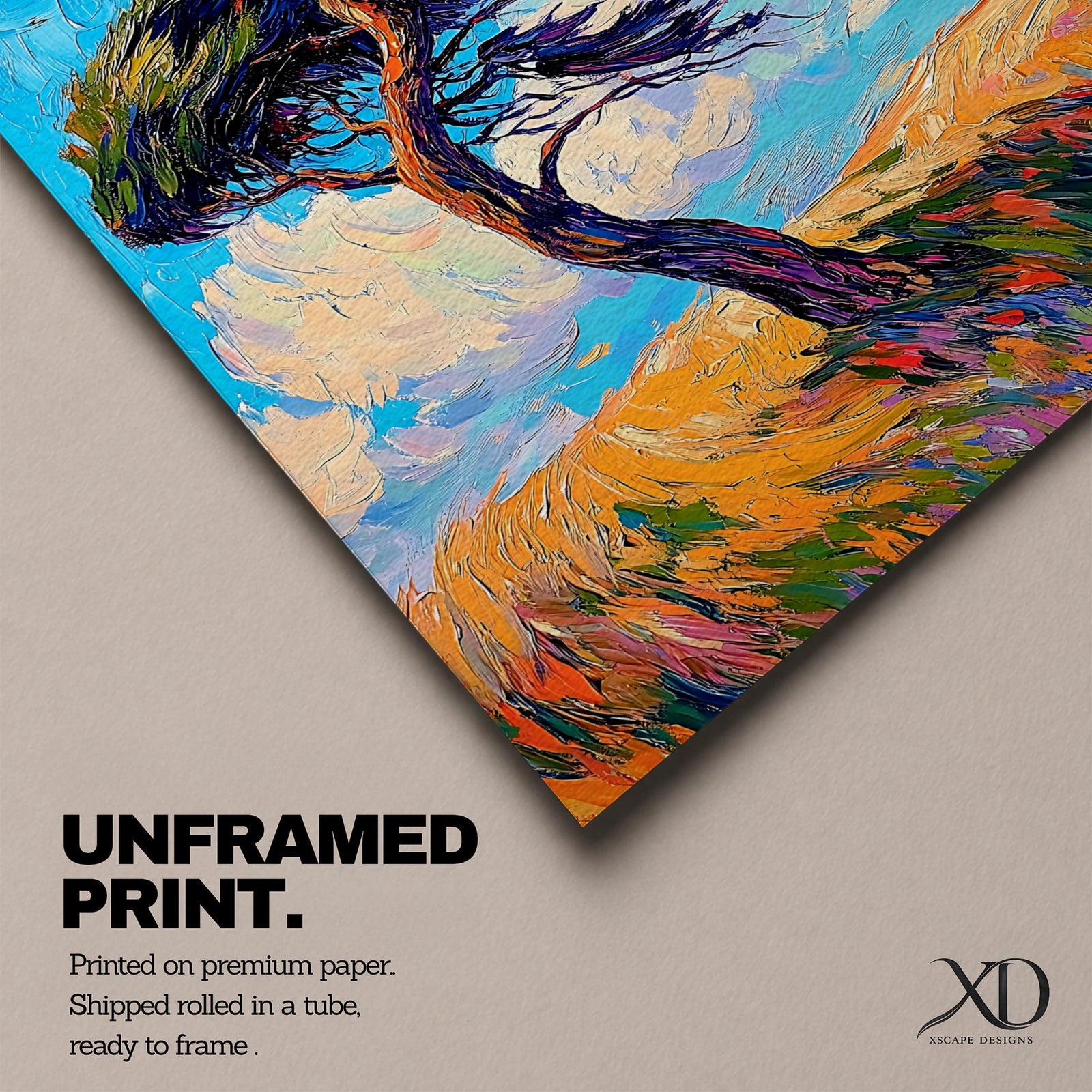 A vibrant impasto style painting of a solitary windy tree bending dramatically against a bright blue sky with swirling clouds and a textured golden landscape beneath, capturing dynamic movement and natural energy with thick, expressive brushstrokes.